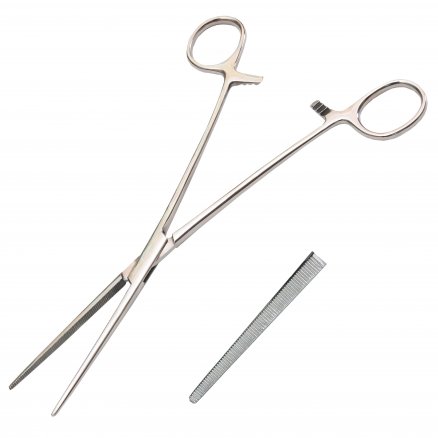 Затискач кровоспинний, по Rochester-Pean, зубчатий, зігнутий №2. Довжина 19,6 см